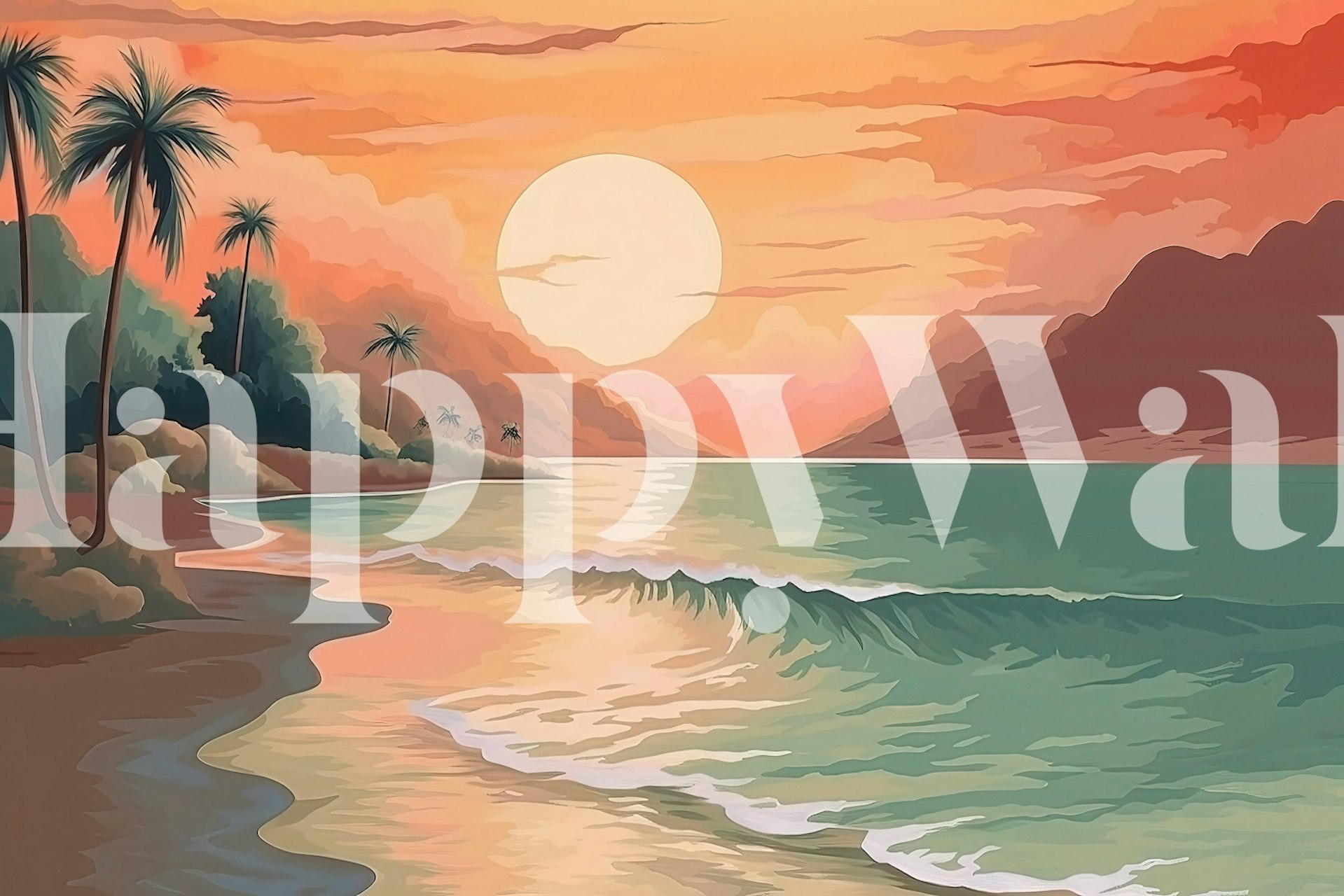Beach scene with sunset and palm trees in warm colors wallpaper