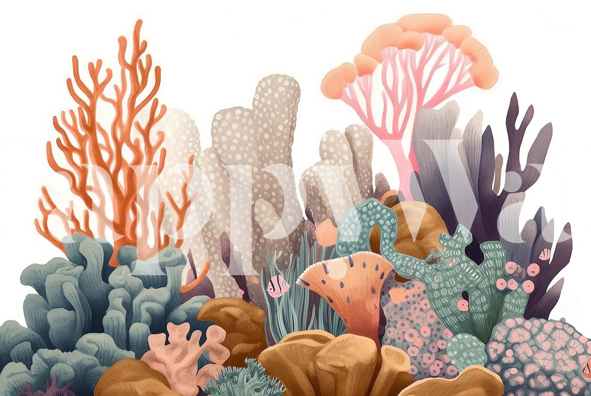 Colorful coral reef design featuring pink, orange, and teal hues. Coral illustrations wallpaper.