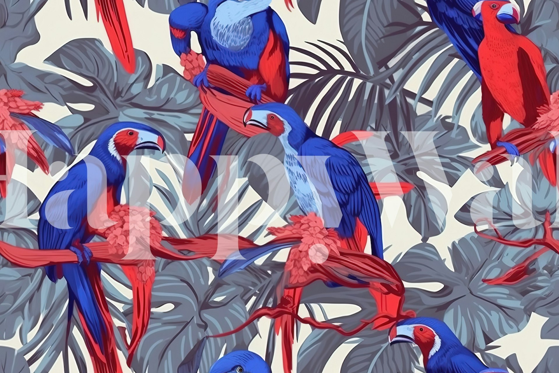 Colorful tropical blue and red birds wall mural amidst grey foliage