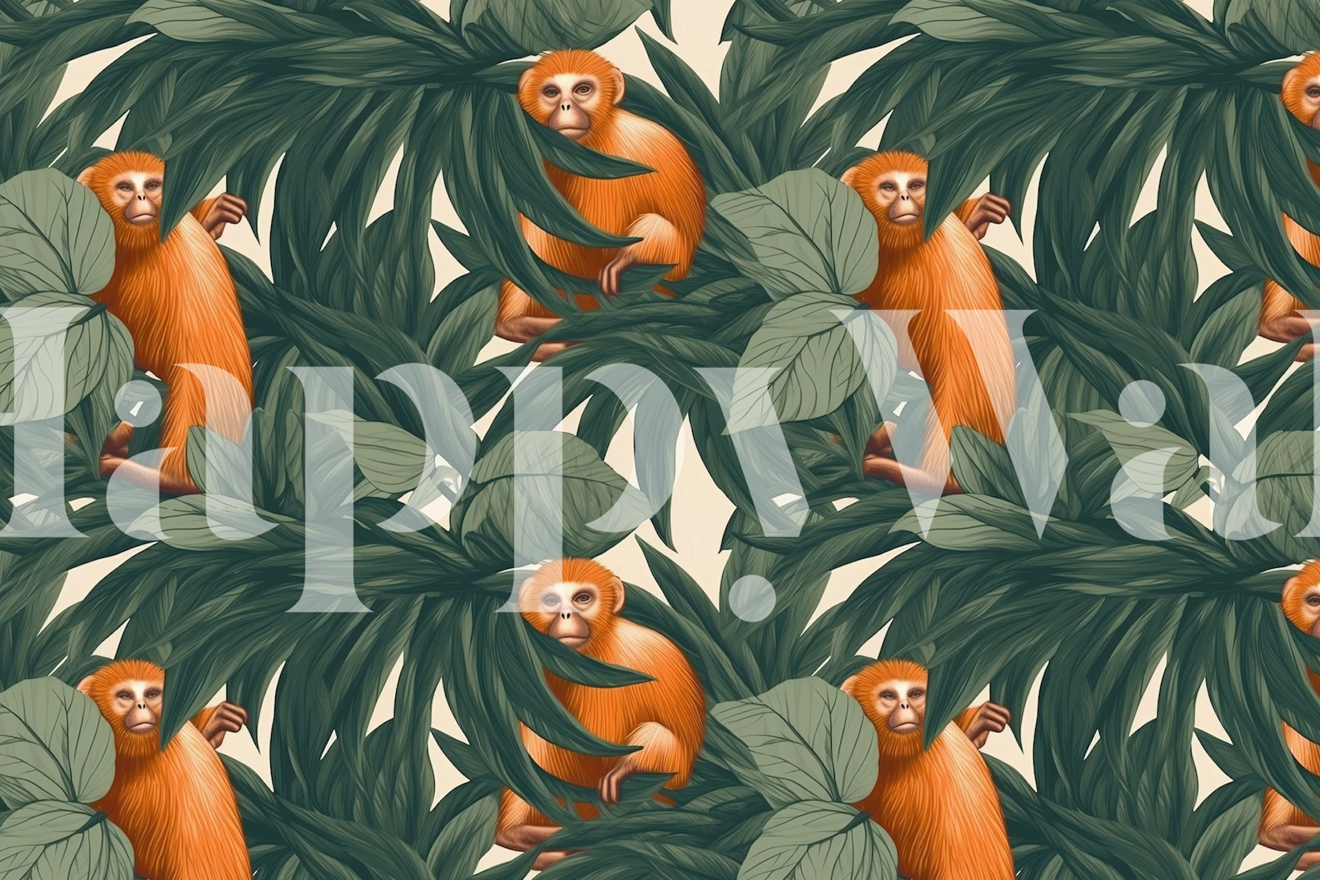 Orange monkeys surrounded by green foliage wallpaper