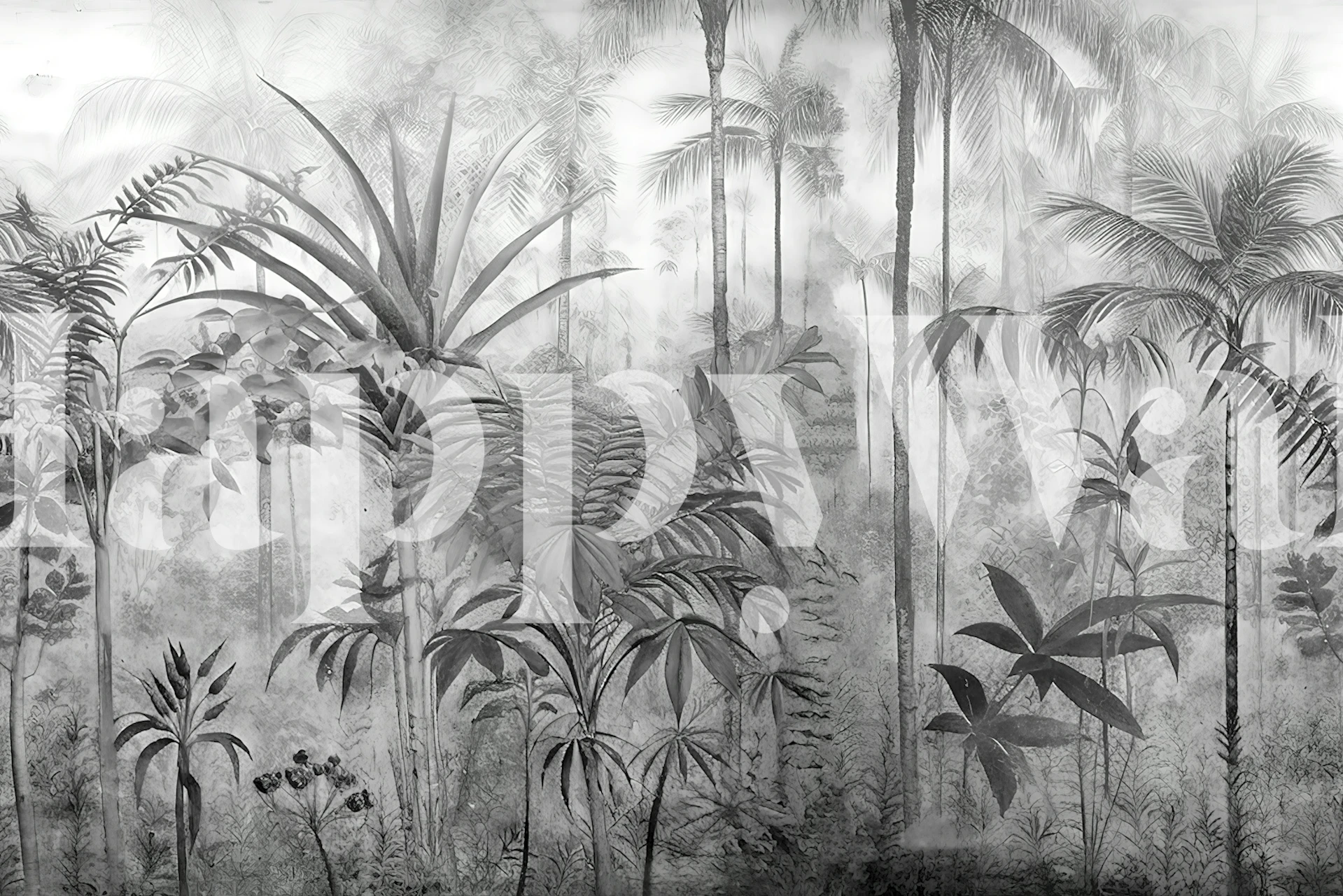 Monokrom djungelscen med palmer och tropiskt lövverk i en väggmålning