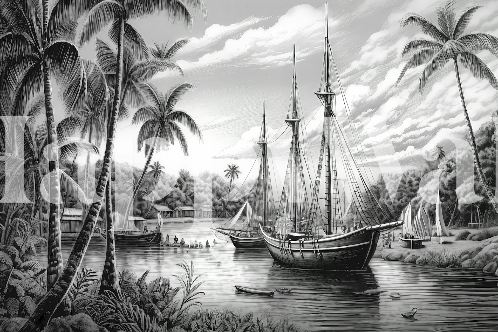 Black and white Polynesia wallpaper in a room