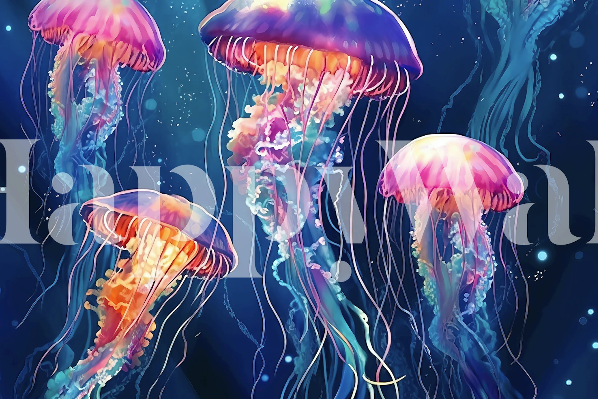 Colorful jellyfish floating in dark blue background wallpaper