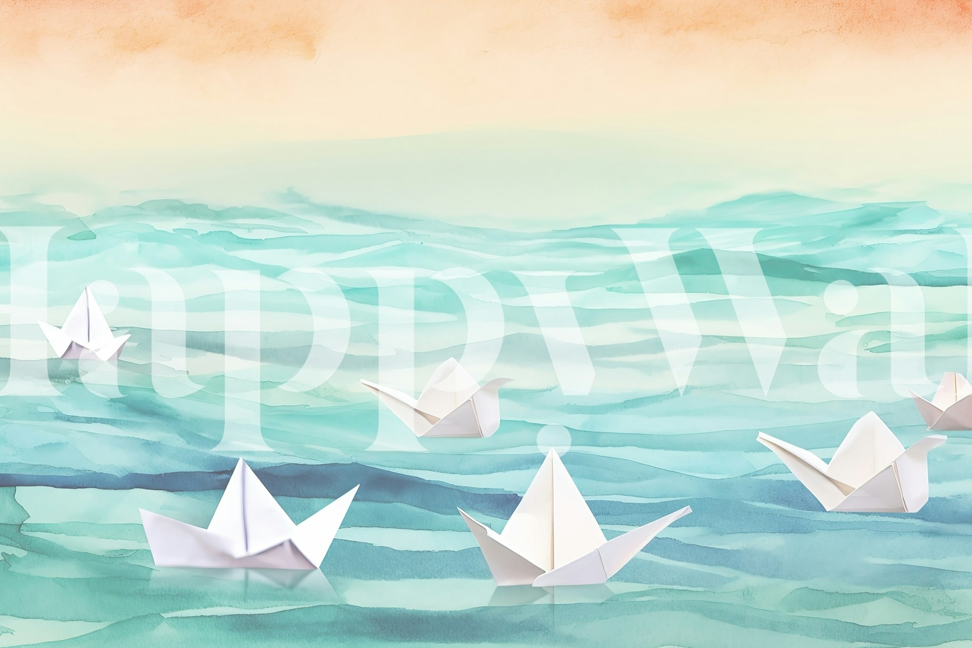 Origami paper boats on a watercolor sea wall mural