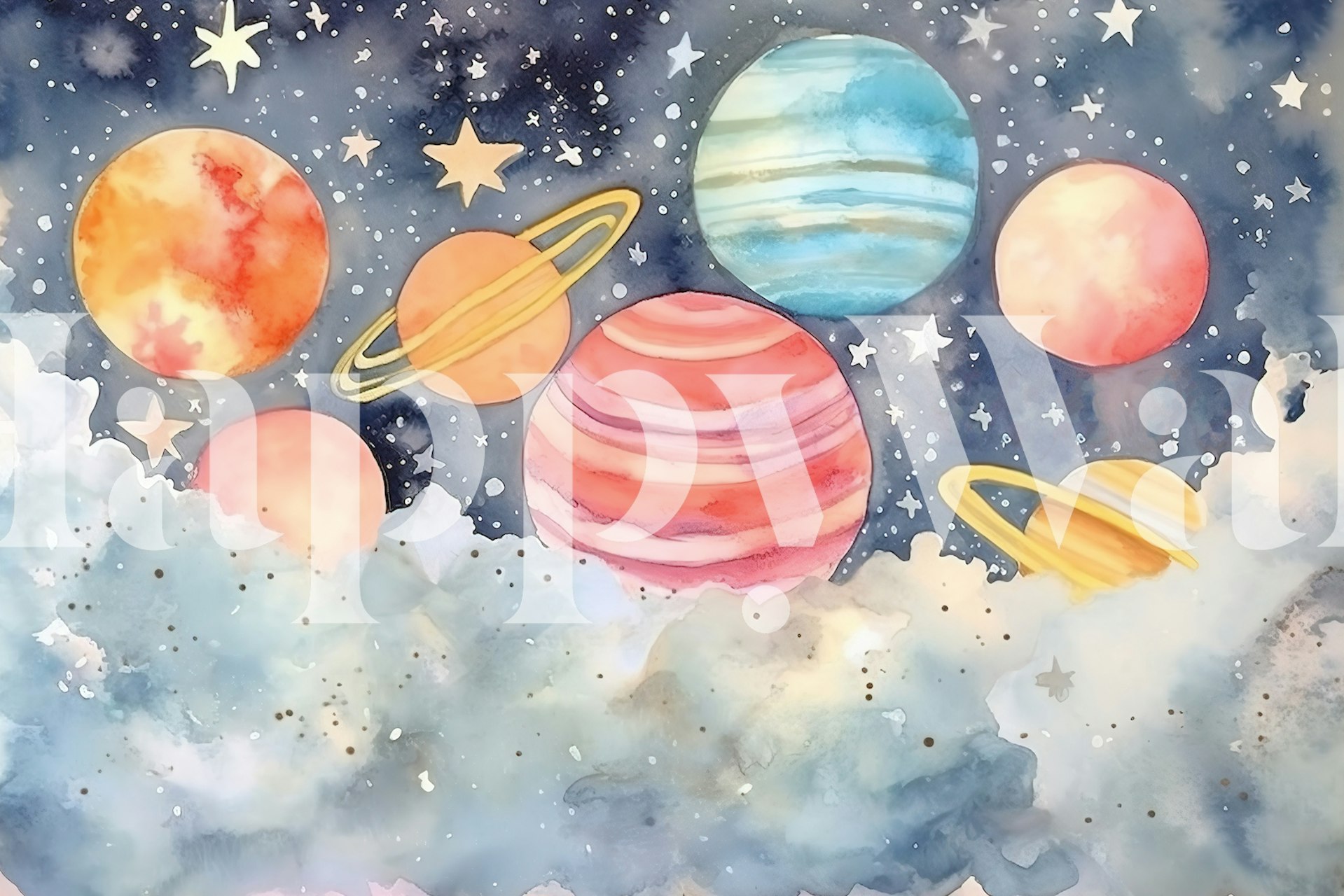 Colorful watercolor planets and stars on a night sky wallpaper