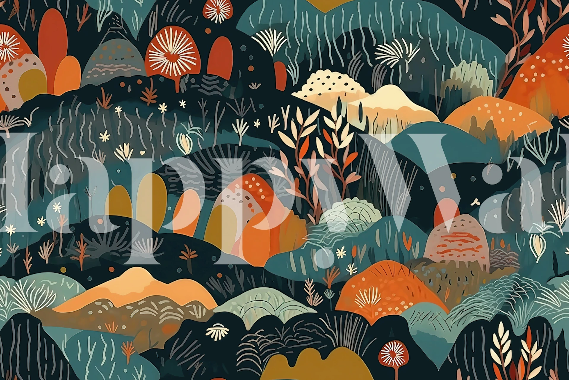 Colorful mountains and plants in earthy tones wallpaper