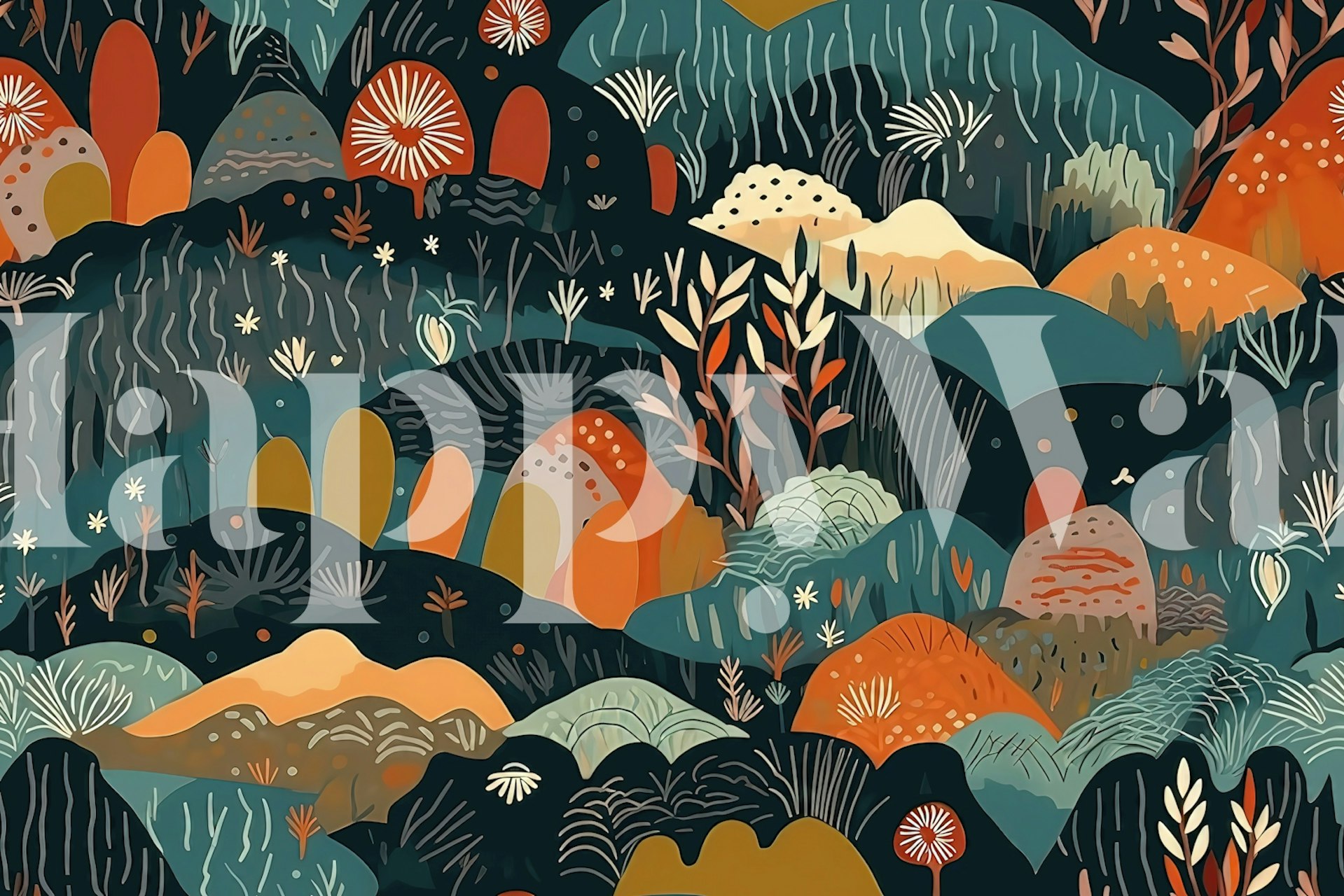 Colorful mountains and plants in earthy tones wallpaper