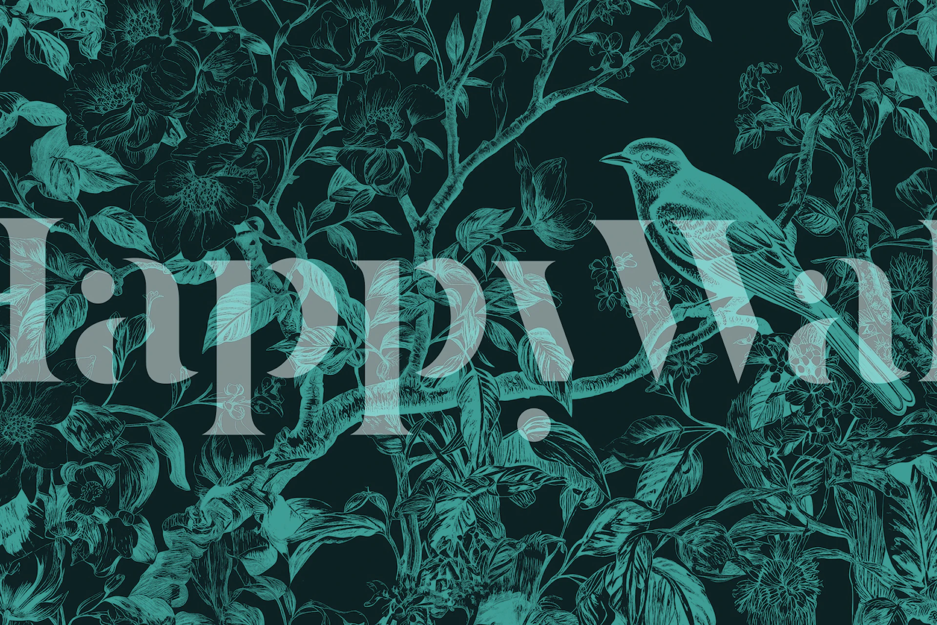 Blue bird perched on a branch surrounded by teal flowers wallpaper