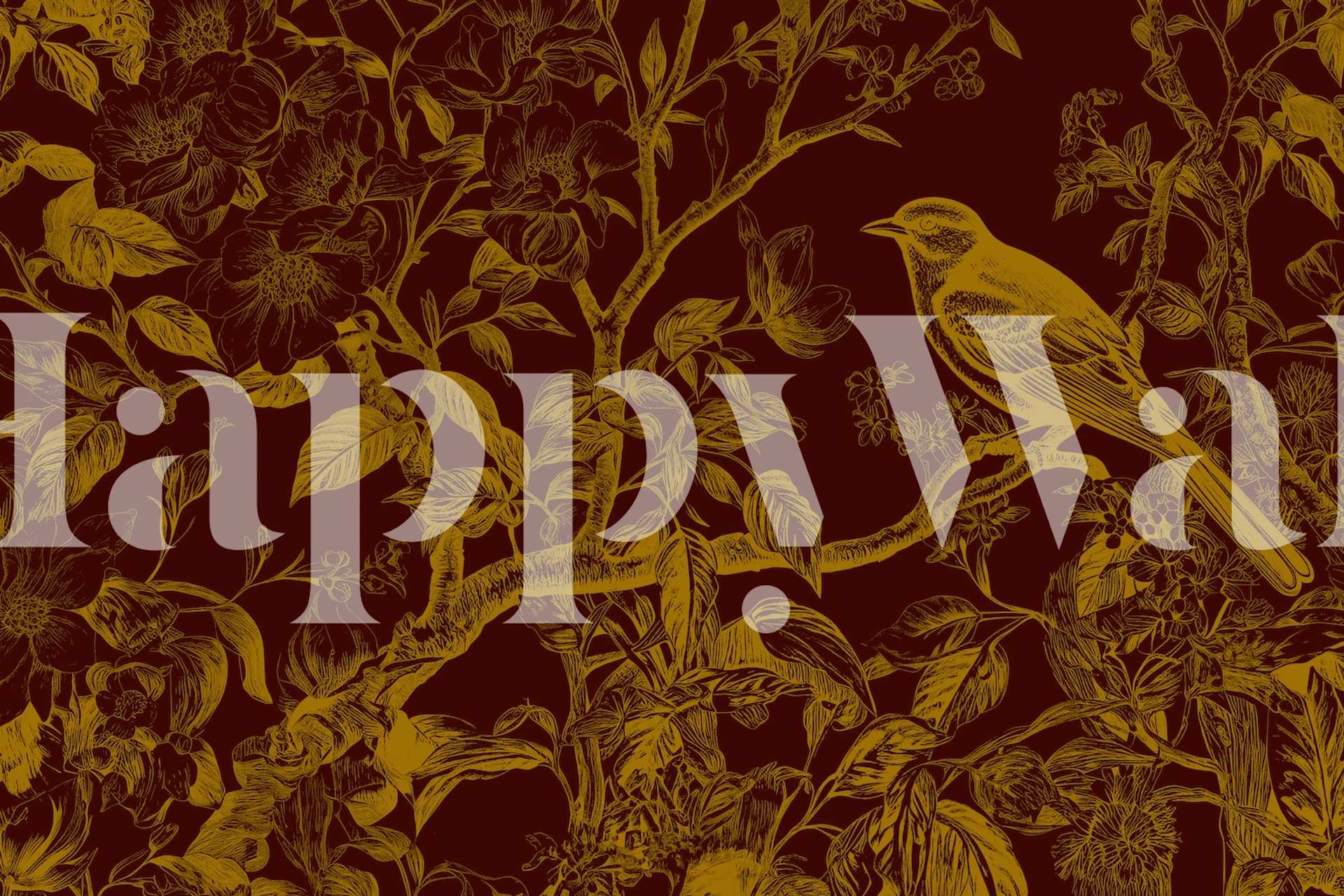 Classic Golden Bird wall mural with golden bird and botanical details on deep red background