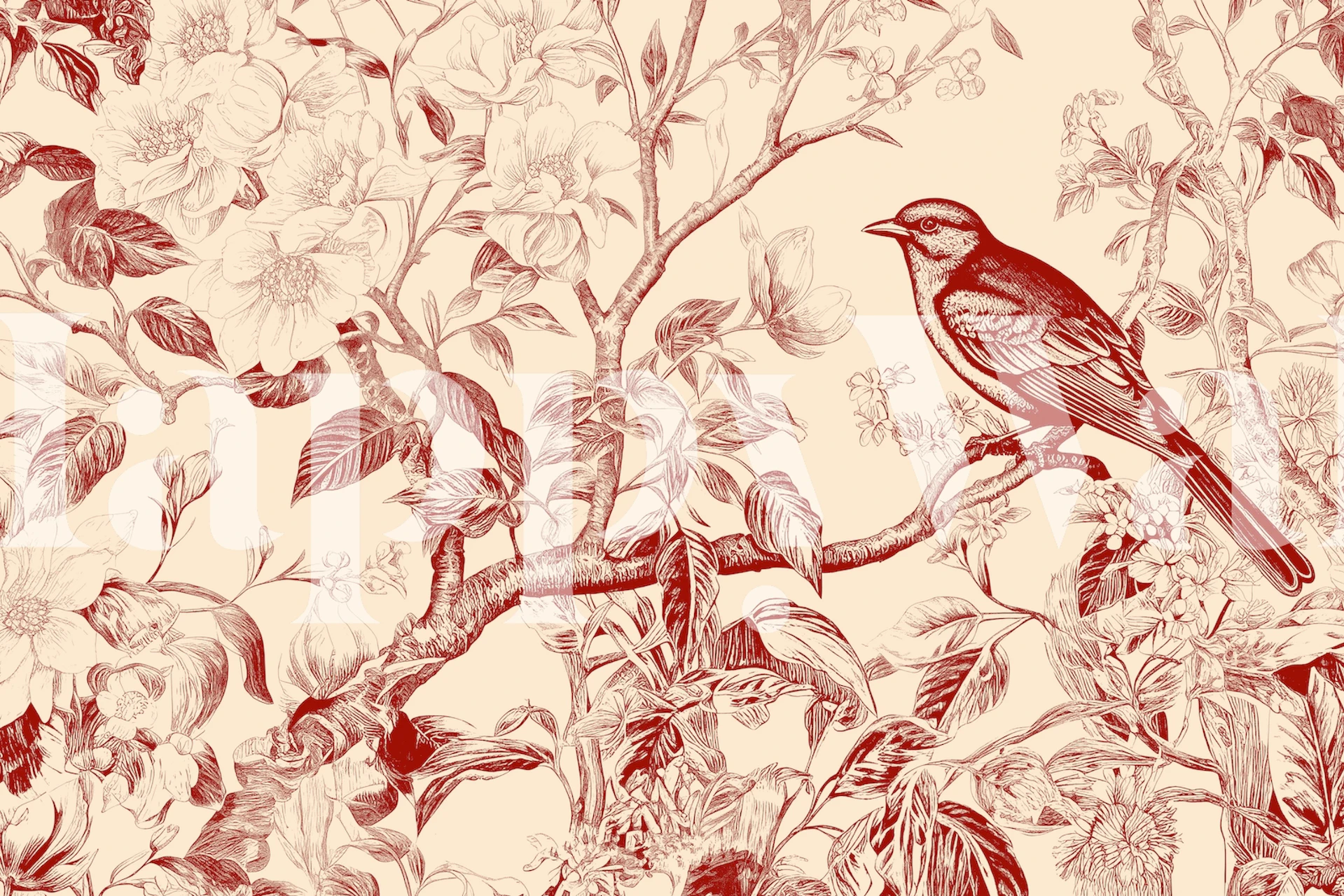 Red bird perched on floral branches with a soft background wallpaper