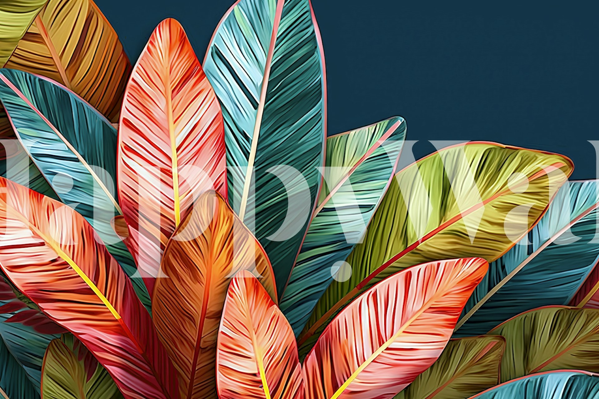 Vibrant tropical palm leaves in green, orange, and blue wallpaper