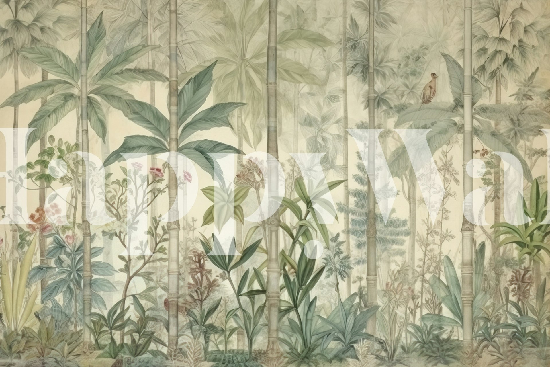 Thai jungle wallpaper featuring lush green foliage and palm trees