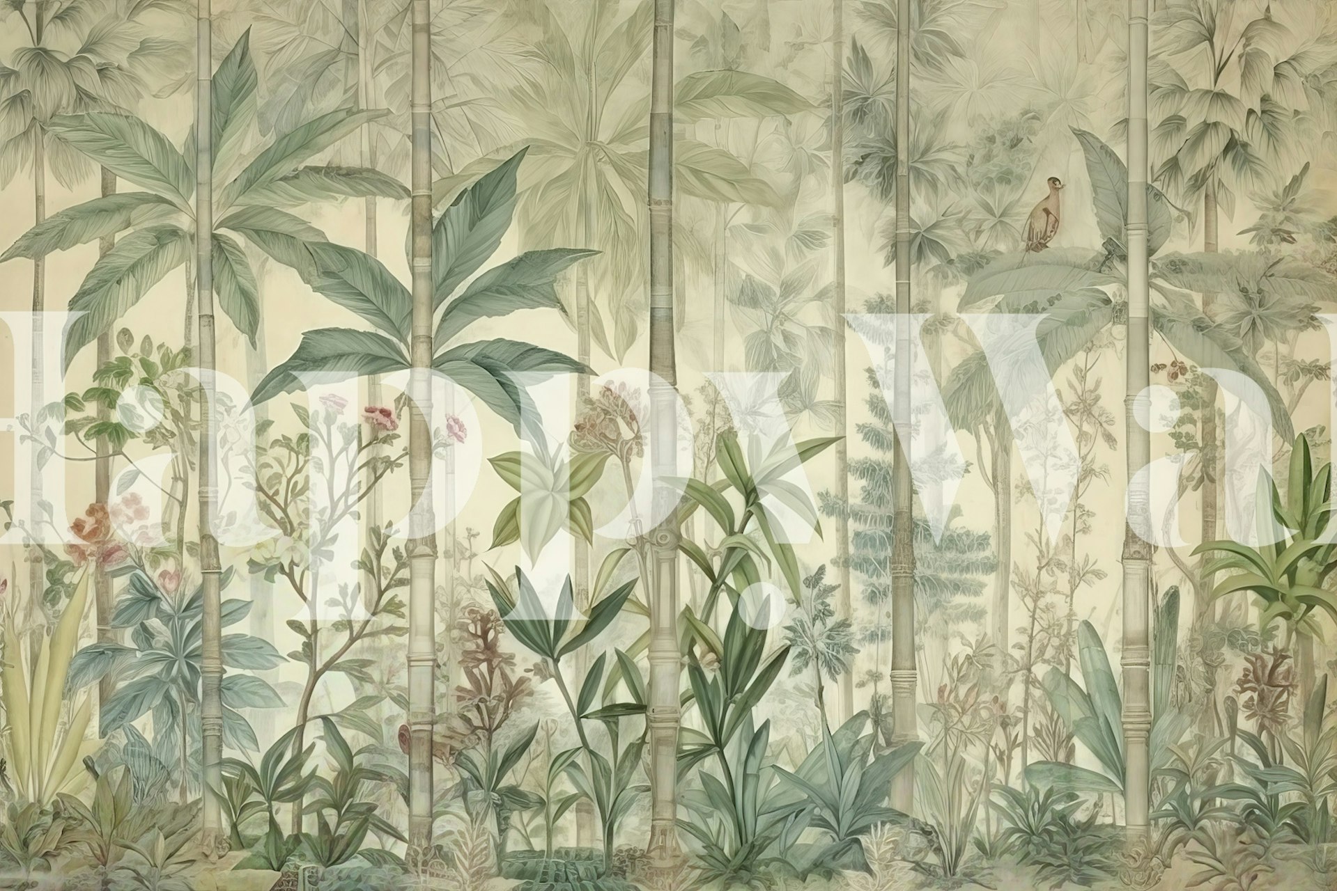 Thai jungle wallpaper featuring lush green foliage and palm trees