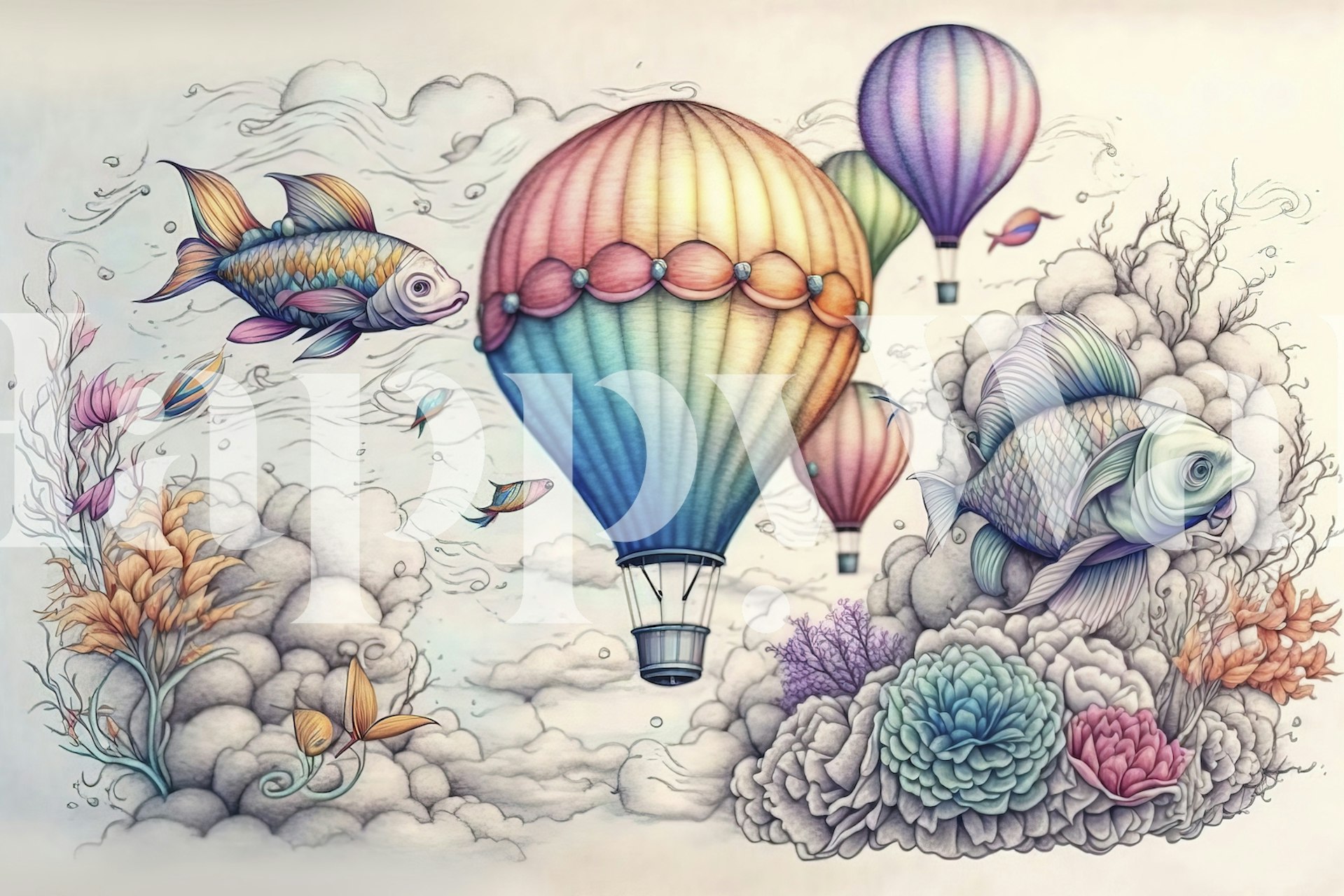 Fish and balloons wallpaper in a room