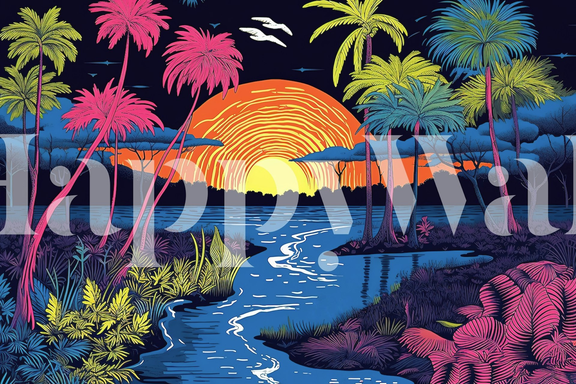 Tropisch palmen en zonsondergang in felle kleuren wallpaper