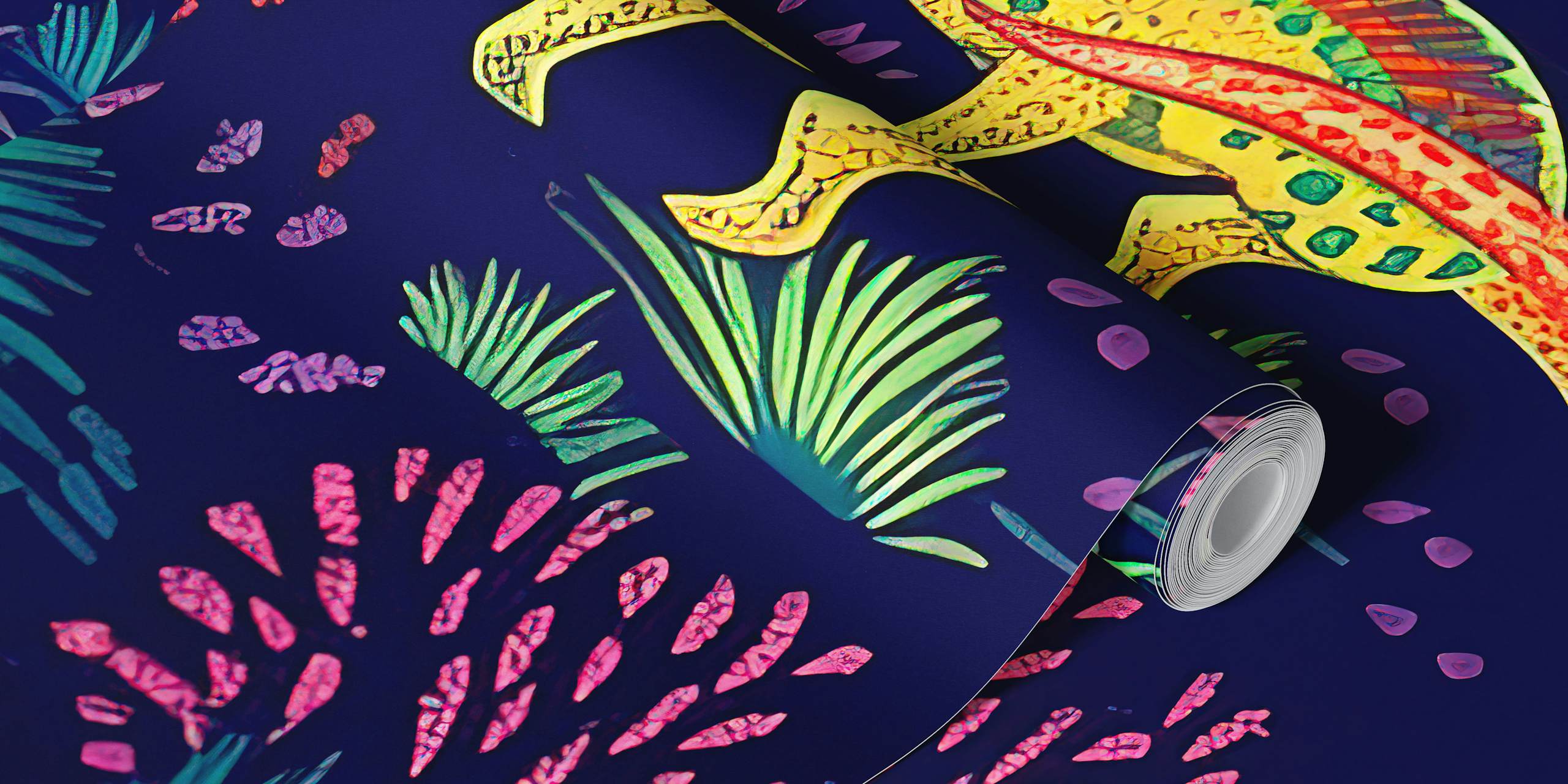 Colorful wall mural featuring animated dinosaurs in fluorescent colors set against a prehistoric background