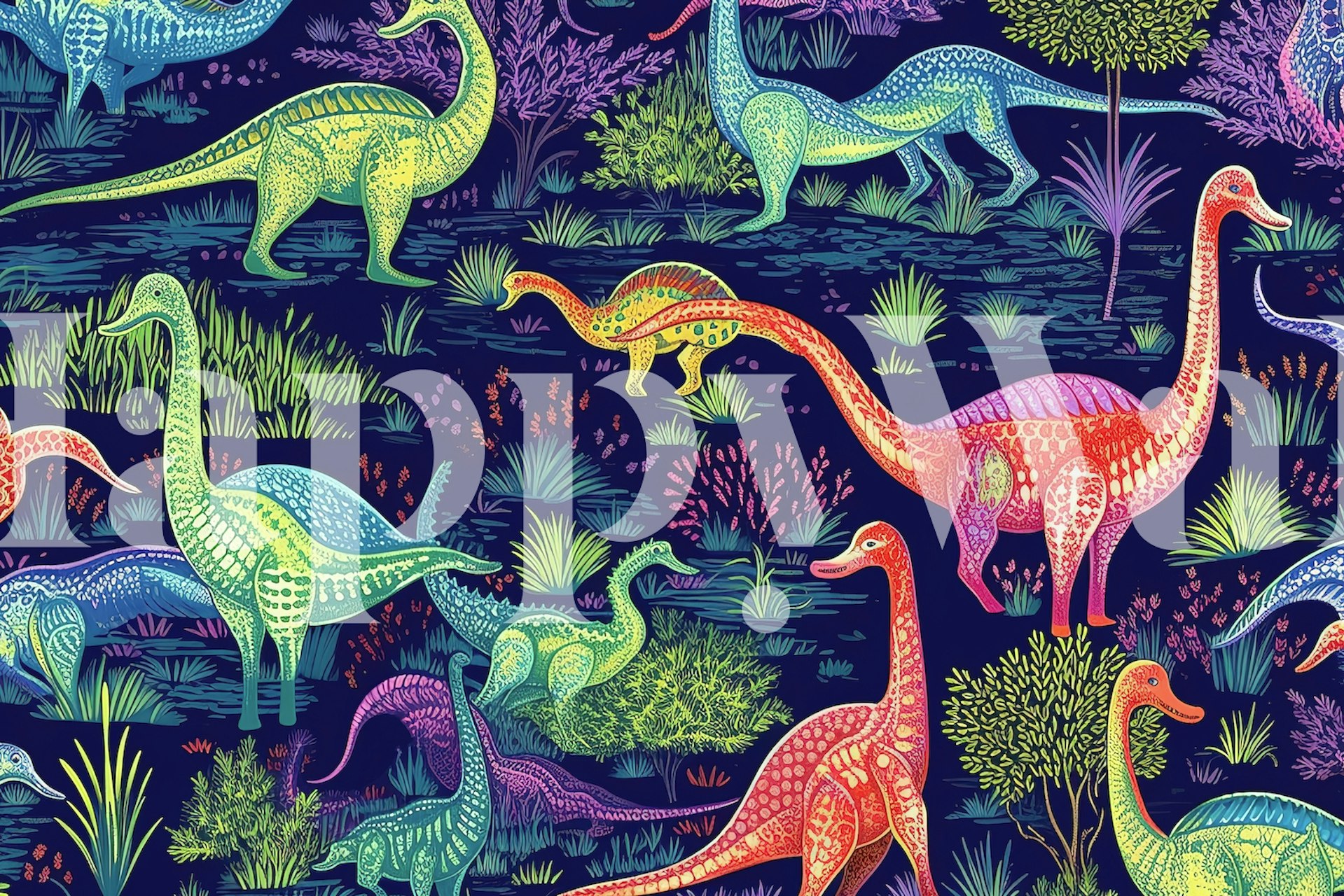 Colorful wall mural featuring animated dinosaurs in fluorescent colors set against a prehistoric background