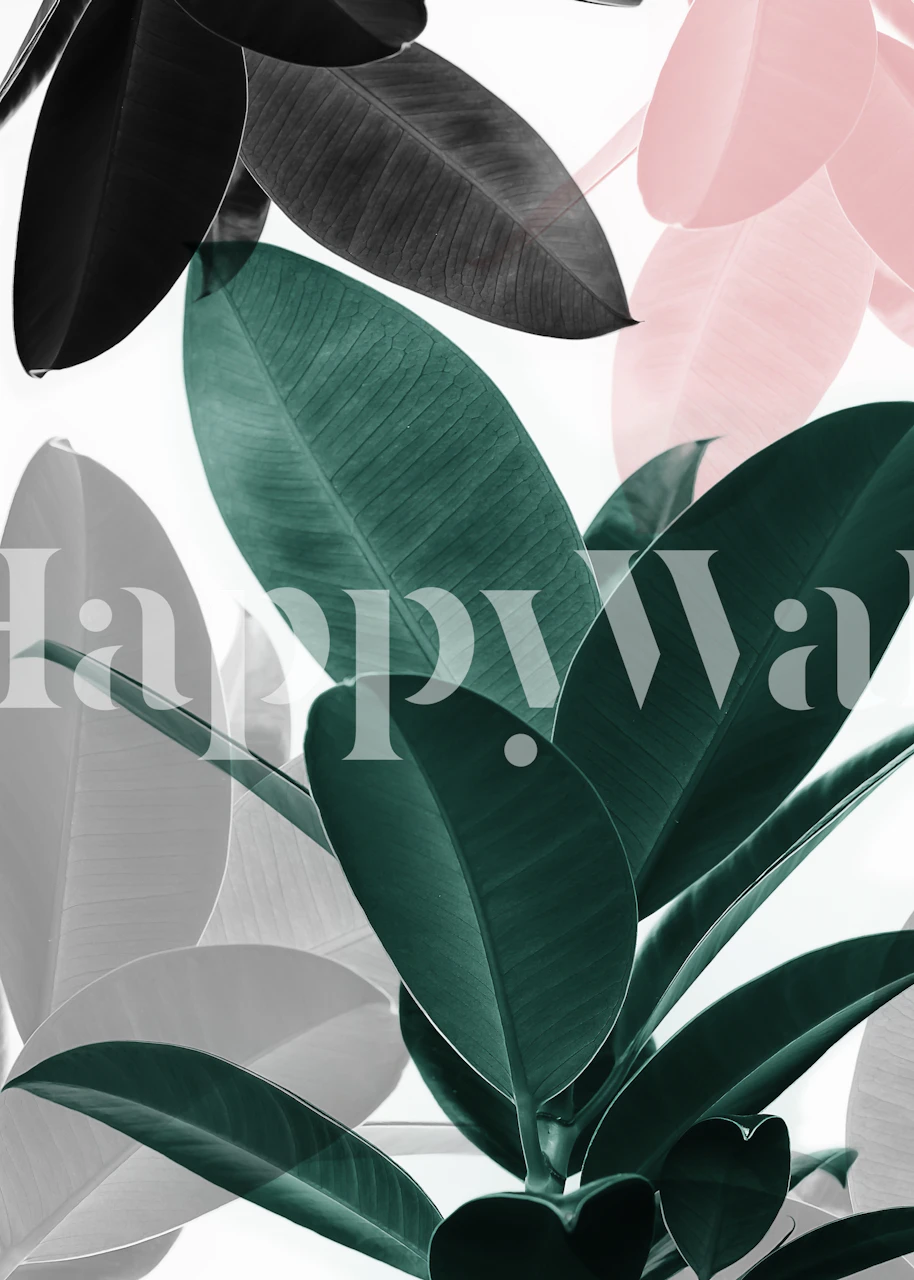 Stijlvolle Leaf Play muurschildering met een mix van roze, groene en monochrome bladeren