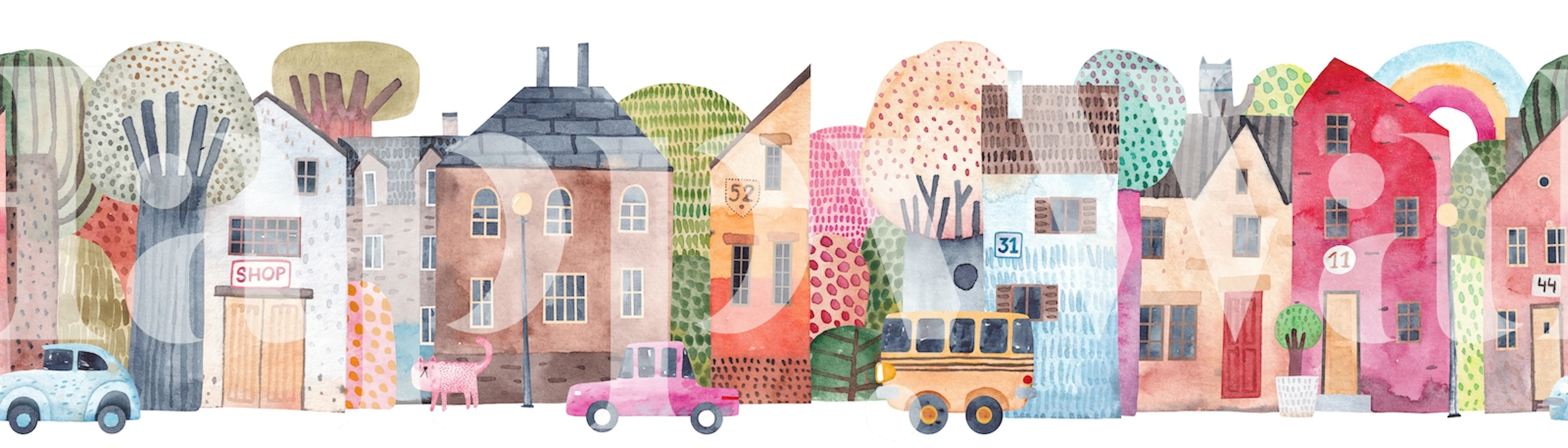 Illustration colorée d'une ville fantaisiste avec des bâtiments et des véhicules uniques et ludiques sur fond blanc.