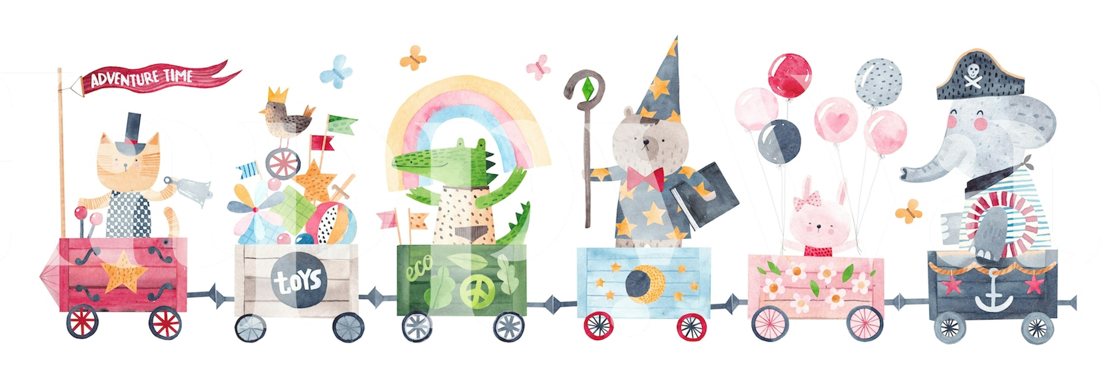 Colorato e giocoso murale Happy Train con animali e motivi stravaganti