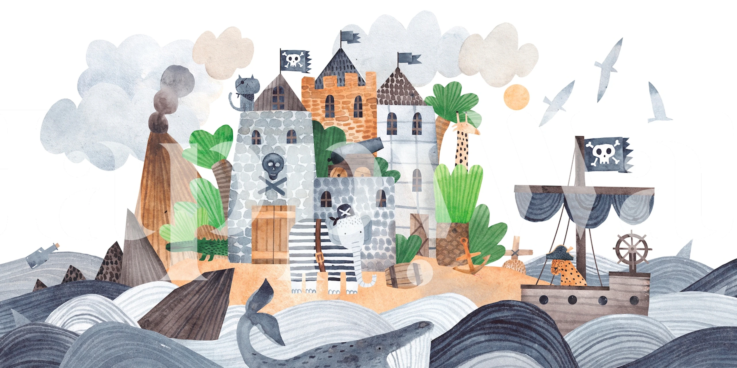 Pirate fortress with ships, waves, and palm trees wallpaper