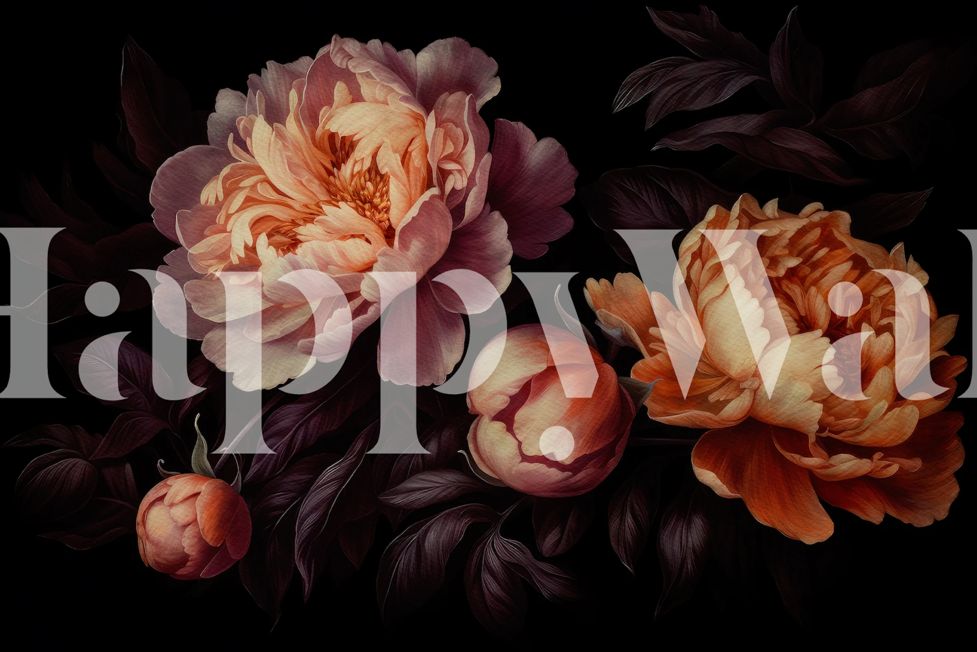 Barokkityylisiä pioneja tummissa, täyteläisissä sävyissä seinämaalauksessa