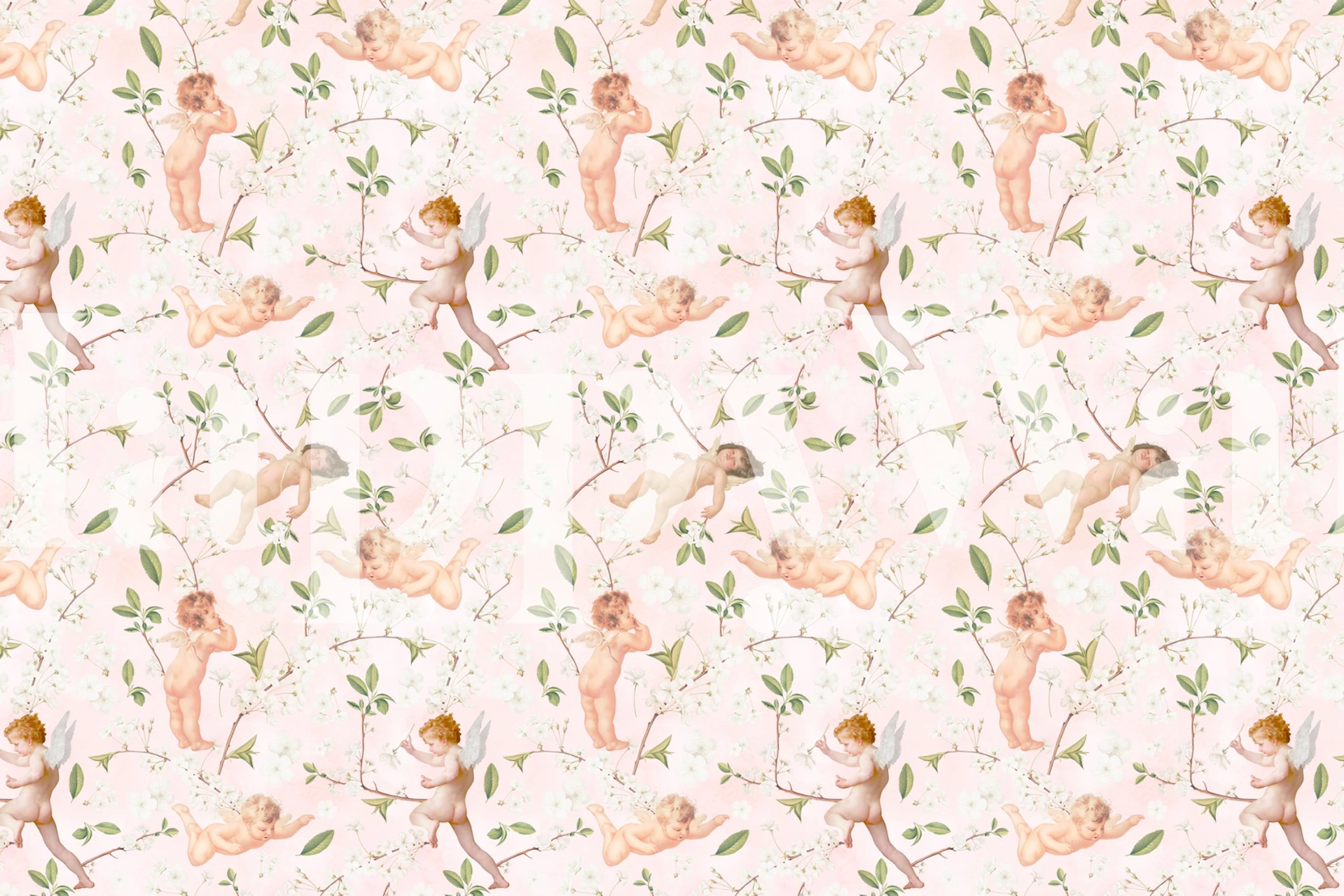 Cherubs among cherry blossoms and green leaves wallpaper