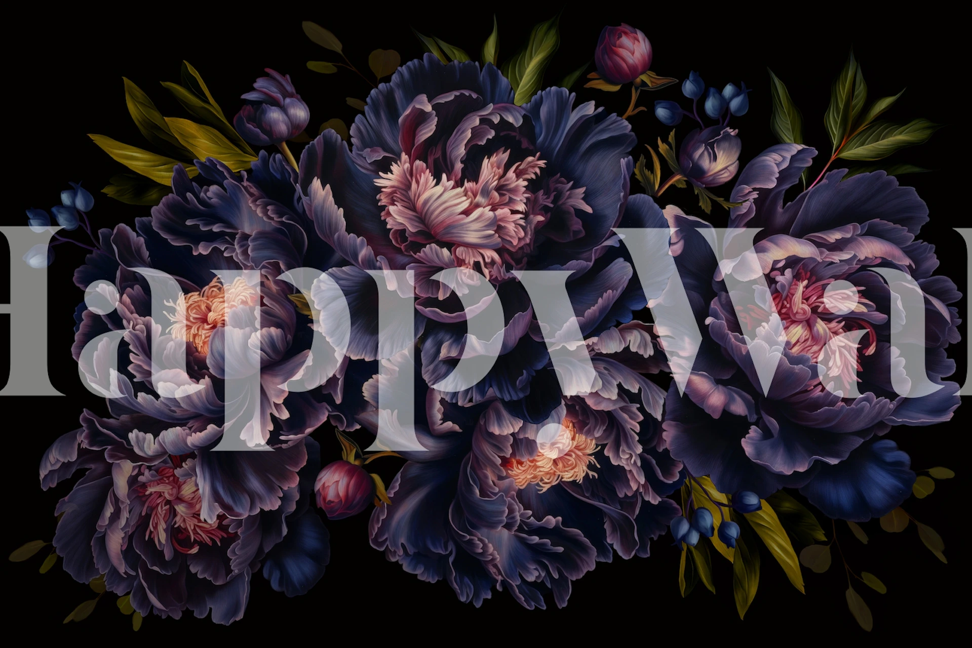Dark floral wallpaper with blue and purple peonies and green leaves