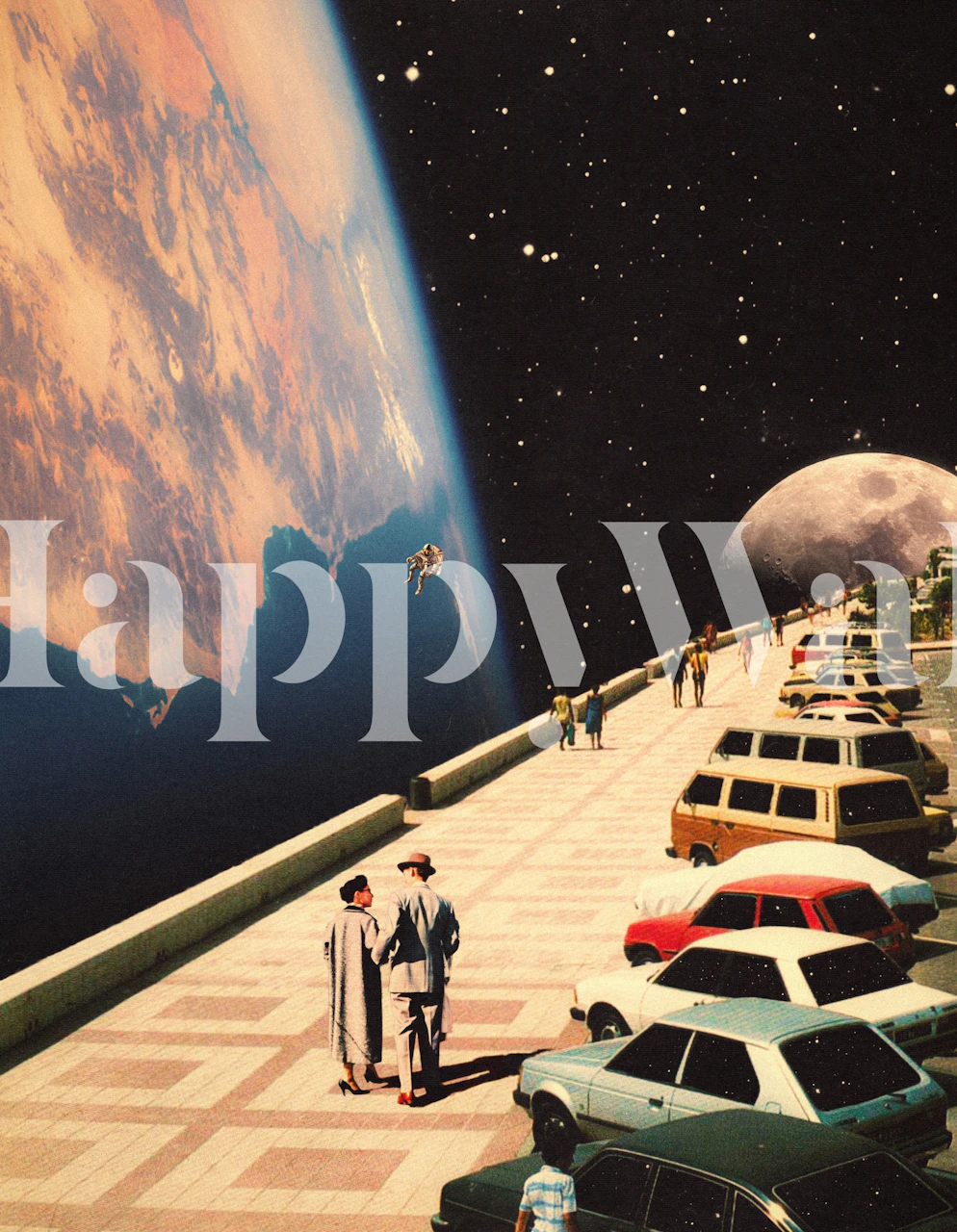 Retro cosmic landscape wallpaper with vibrant colors and moon