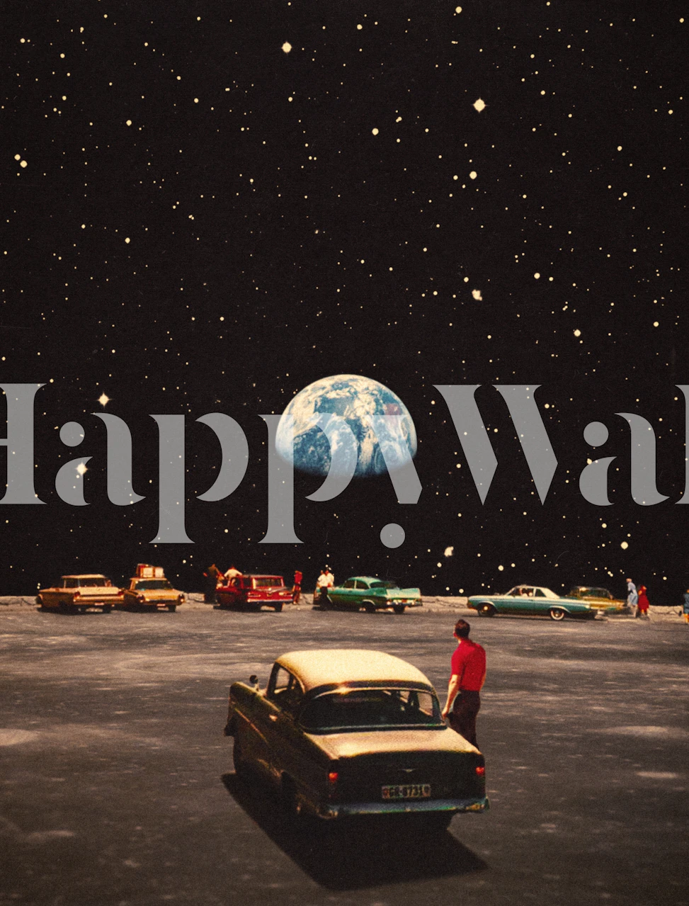 Vintage cosmic wallpaper featuring colorful cars under a starry sky