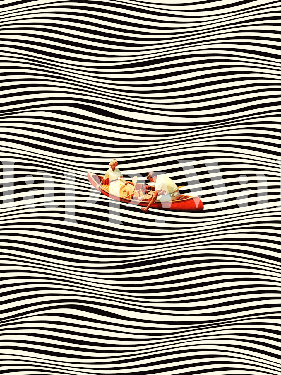 Punainen vene mustavalkoisten illuusioaaltojen merellä seinämaalaus