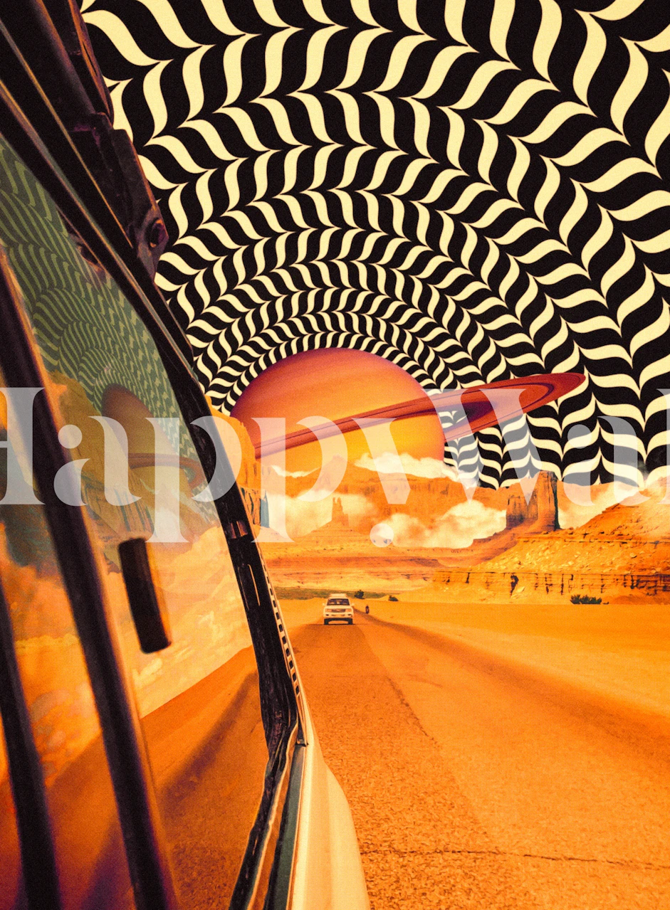 Vibrant retro road trip wallpaper featuring black and white wave patterns, yellow sunset, and a road view
