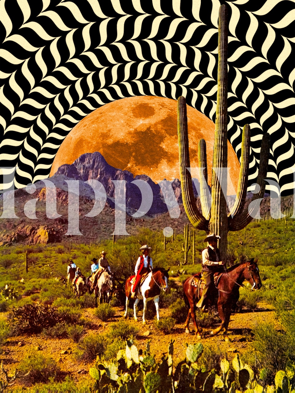 Fototapeta s optickým klamem s kovboji a obřím měsícem v pouštní scéně
