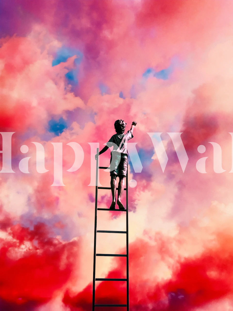 Vtipná nástěnná malba umělce, který maluje mraky ze žebříku na zářivé obloze