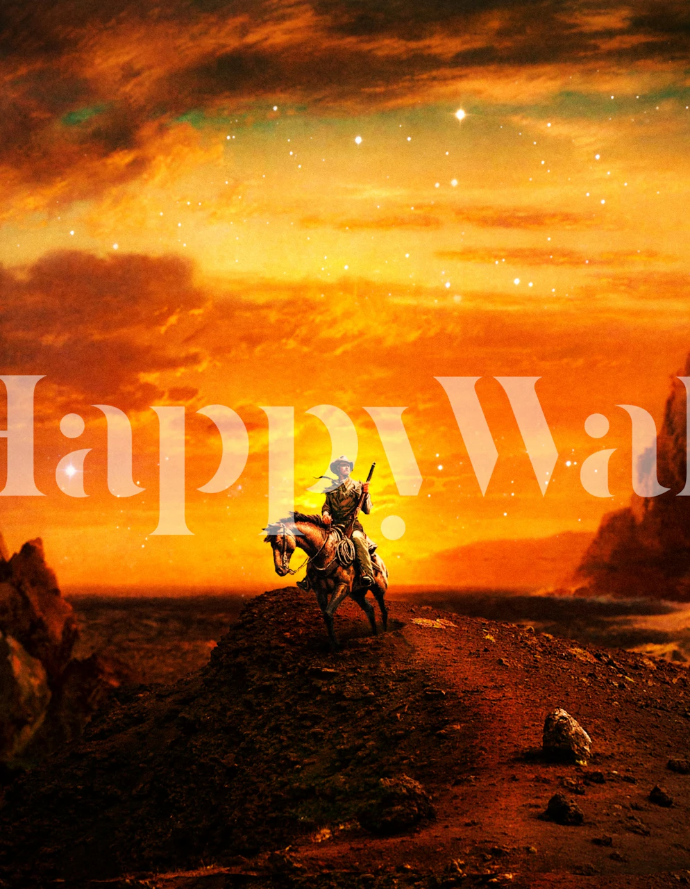 Heroic rider on horseback against a vibrant sunset landscape wallpaper