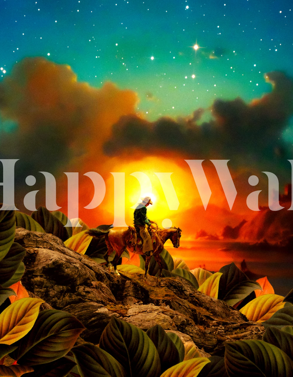 Rider and horse silhouette against sunset with star-lit sky wall mural