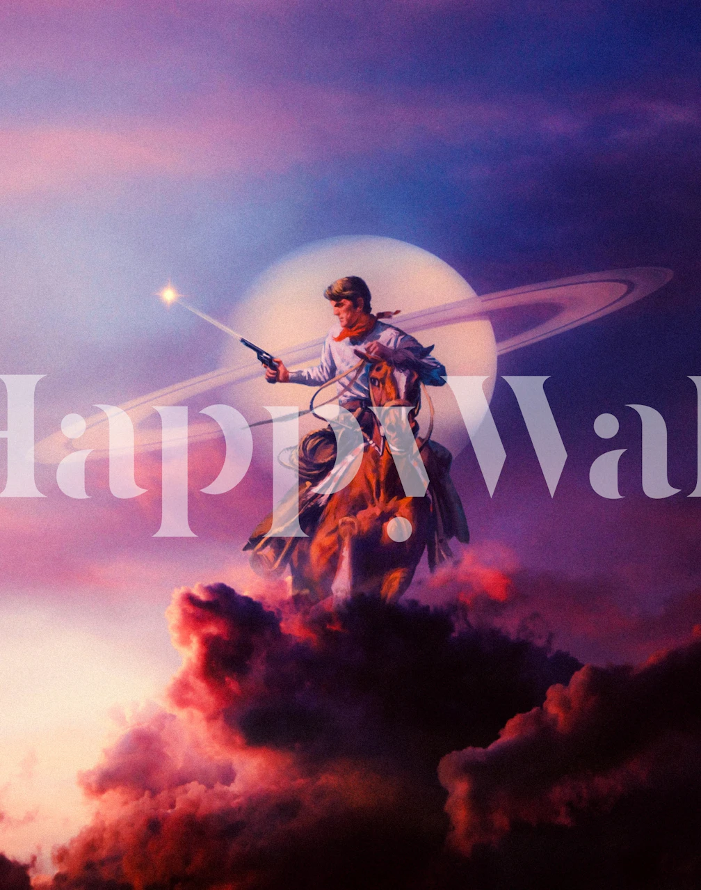 Surreal cosmic rider on horse with rings and clouds wallpaper