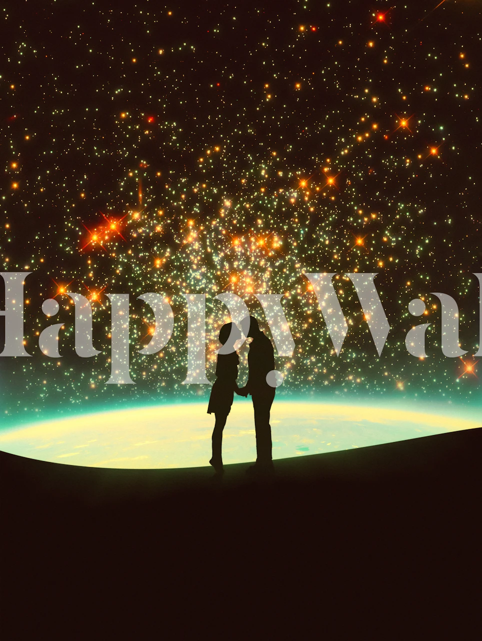 Silhouette couple kissing against a starry celestial background wallpaper