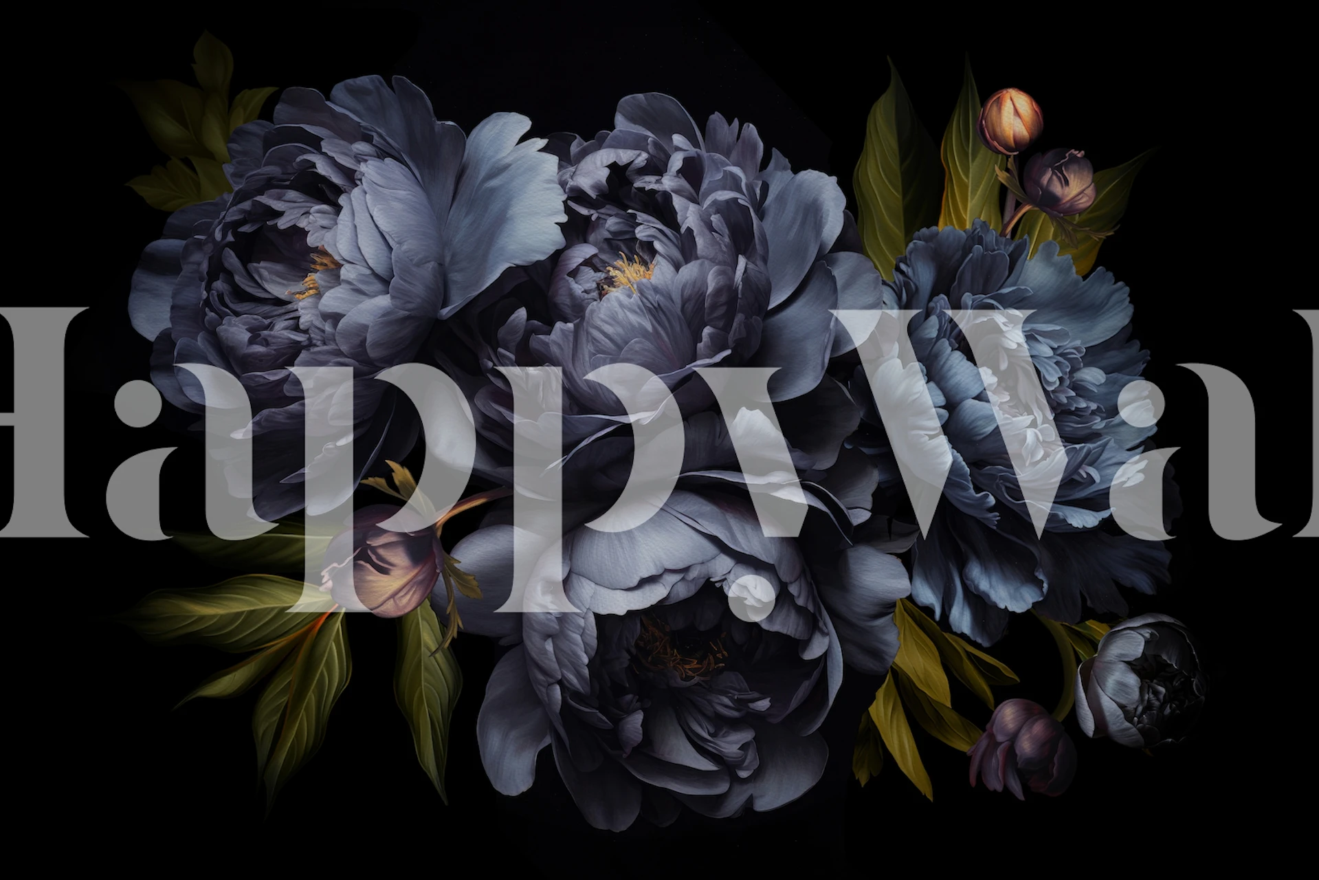 Dark blue peonies and leaves on a black background wallpaper
