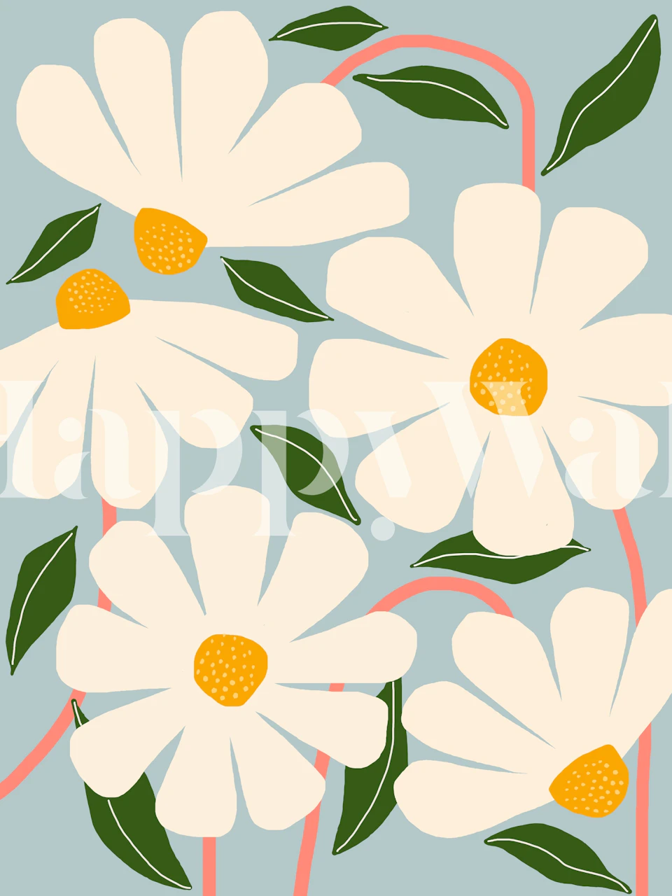 White daisies with yellow centers and green leaves on a blue background wallpaper