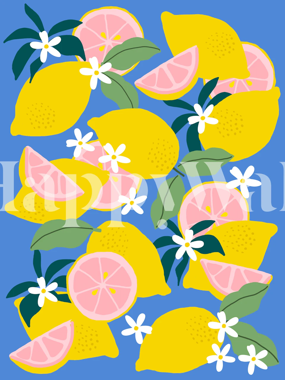 Colorful lemon and flower pattern wallpaper