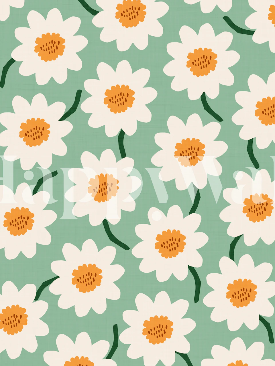 White flowers with orange centers on a mint green background floral wallpaper