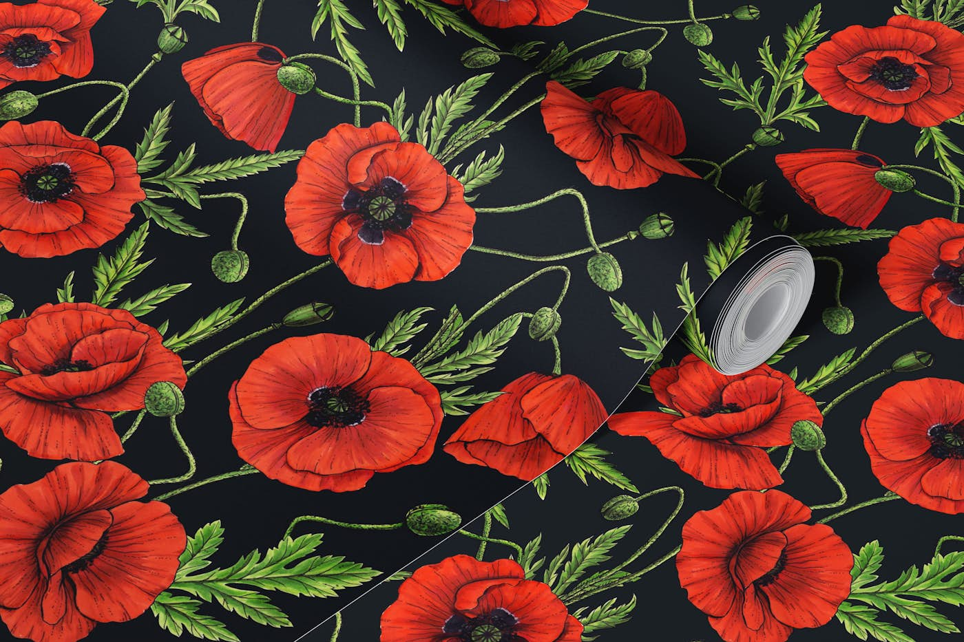 Poppies on black wallpaper roll