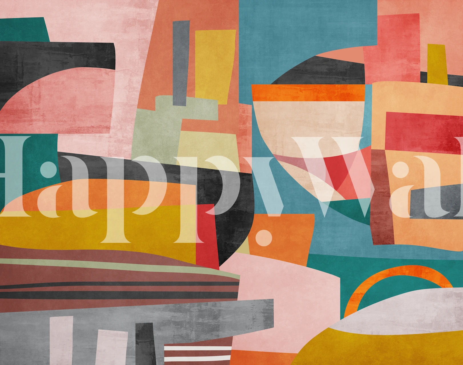 Abstract shapes in vibrant colors like pink, orange, green, and gray wallpaper