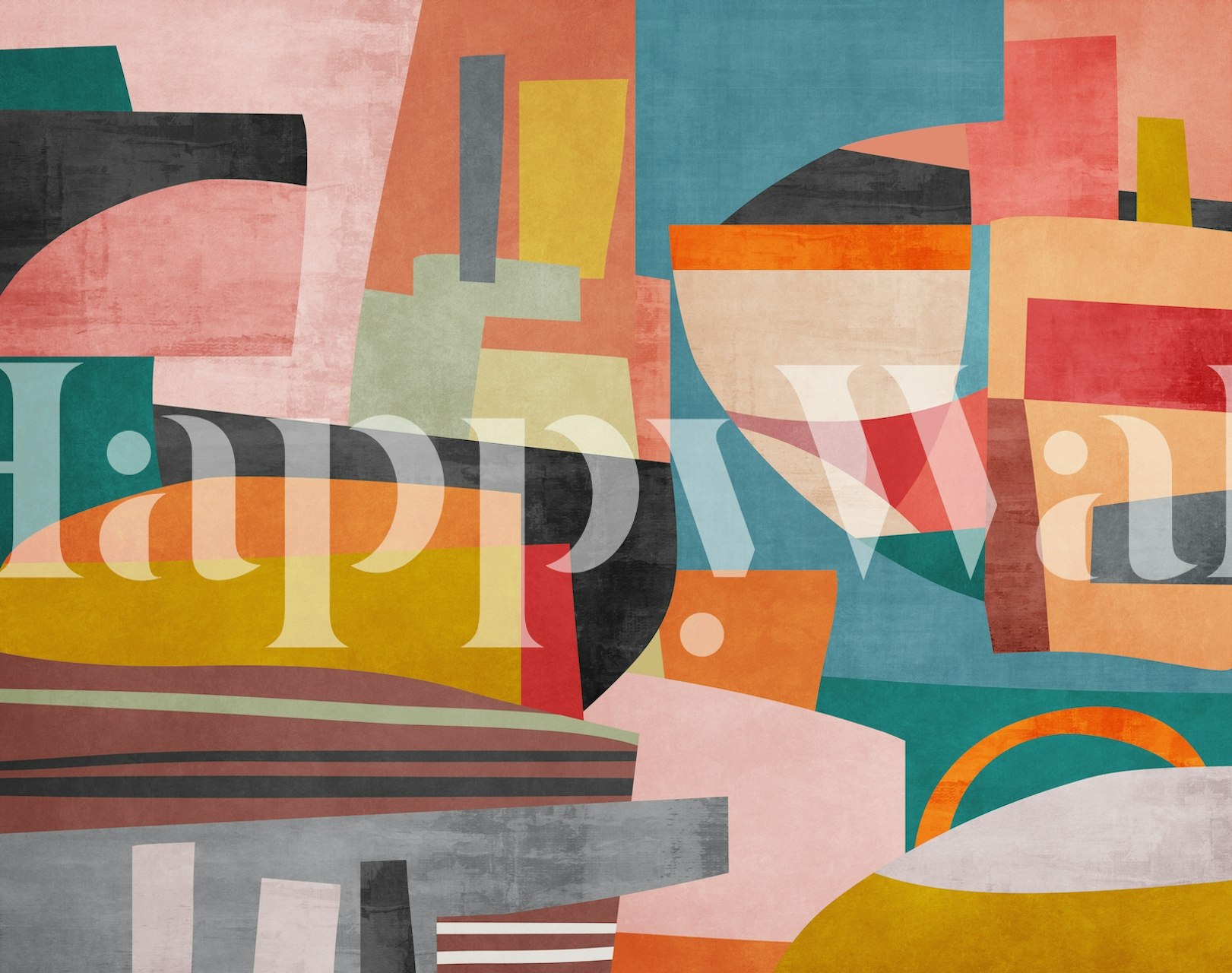 Abstract shapes in vibrant colors like pink, orange, green, and gray wallpaper