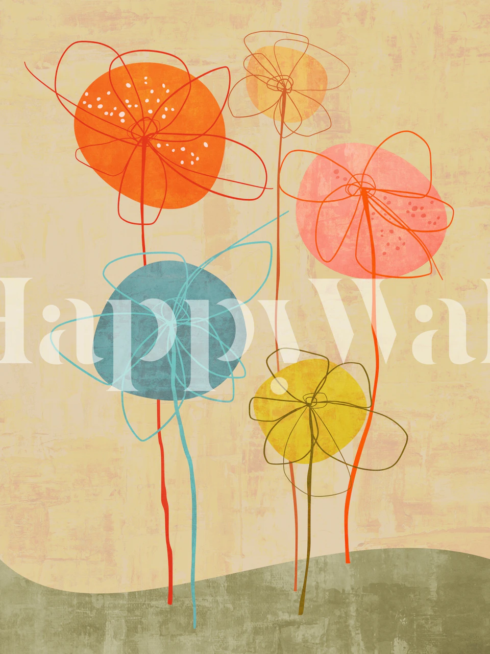 Colorful abstract floral design with pink, orange, and blue flowers on beige background wallpaper.