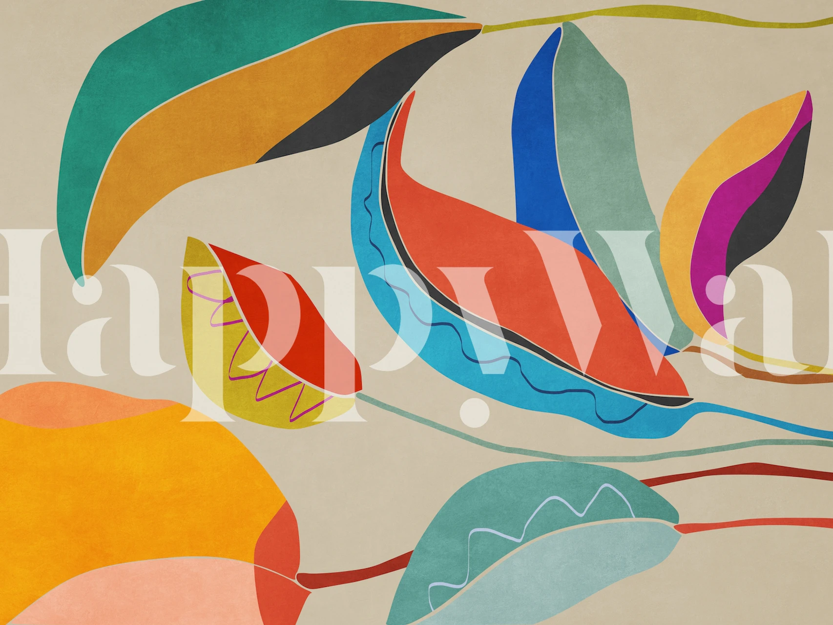 Colorful tropical leaf shapes in blue, red, green, and orange on beige wallpaper