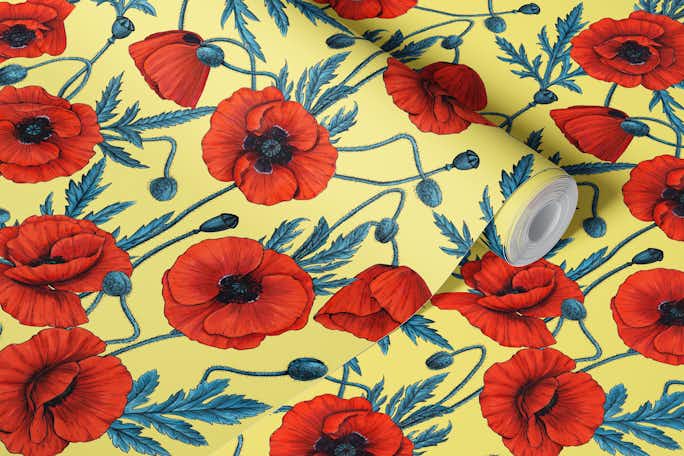 Poppies, red and blue on yellowwallpaper roll