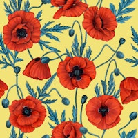 Poppies, red and blue on yellow tapeta