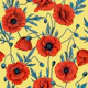 Poppies, red and blue on yellow